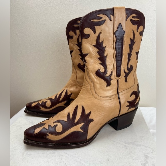 Vintage Charlie Horse by Lucchese Western Flame Two Tone Leather Cowboy Boots 8 - Picture 7 of 15